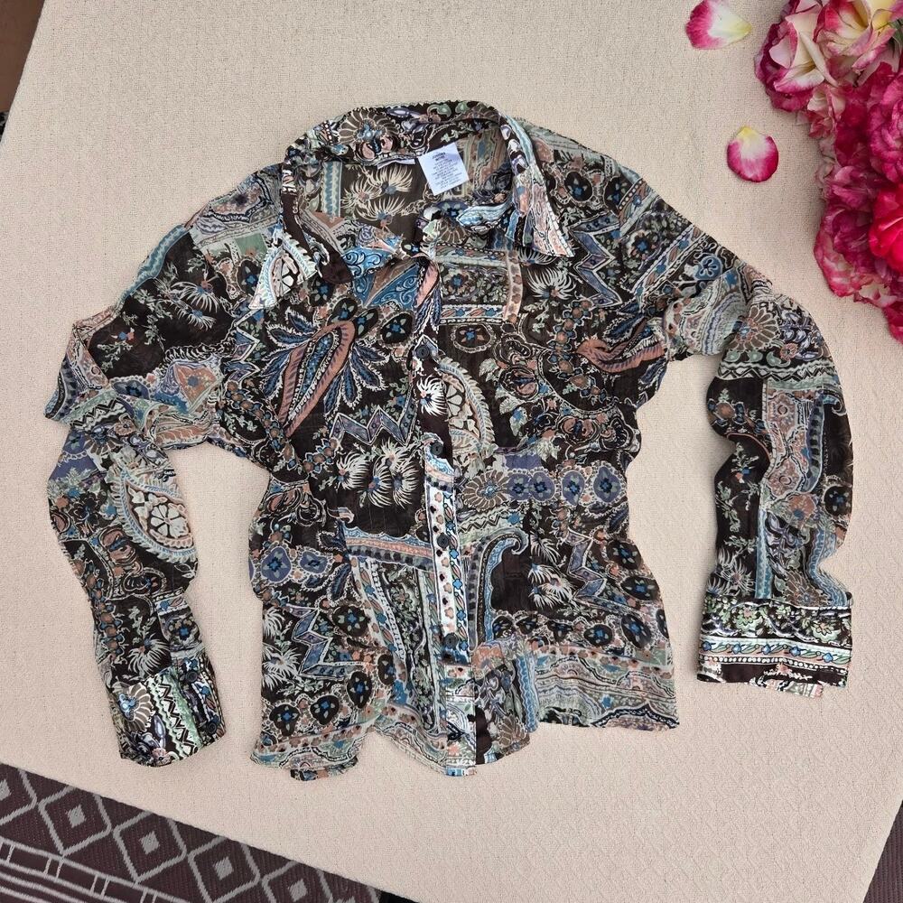 sheer paisley button up blouse boho medium ♡